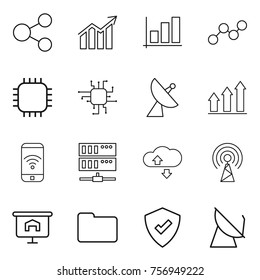 Thin line icon set : share, diagram, graph, chip, satellite antenna, up, phone wireless, server, cloude service, presentation, documents, protected