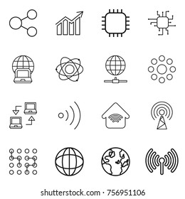 Thin line icon set : share, diagram, chip, notebook globe, atom, connect, round around, wireless, home, antenna