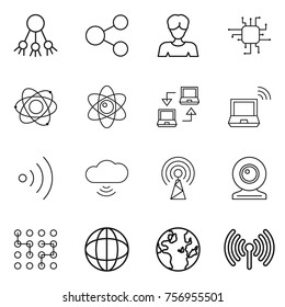 Thin line icon set : share, woman, chip, atom, notebook connect, wireless, cloud, antenna, web cam, globe