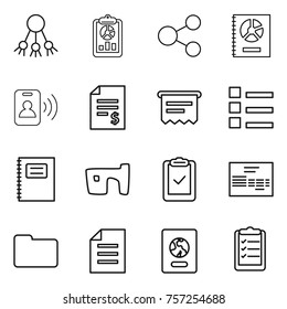 Thin line icon set : share, report, annual, pass card, account balance, atm receipt, list, copybook, slum, clipboard check, invoice, documents, document, passport