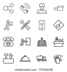 Thin line icon set : share, call, woman, delivery, courier, pencil wrench, phone wireless, under construction, hotel, reception, repair tools, meal cap, sweeper, wiping