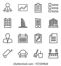 Thin line icon set : share, statistics, clipboard, list, building, skyscraper, office, client, calendar, pen, document, suitcase, armchair, bucket and broom, skysrcapers cleaning
