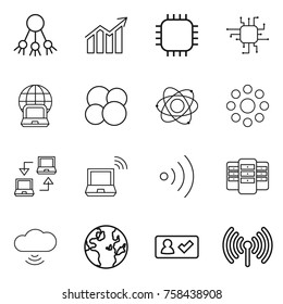 Thin line icon set : share, diagram, chip, notebook globe, atom core, round around, connect, wireless, server, cloud, check in