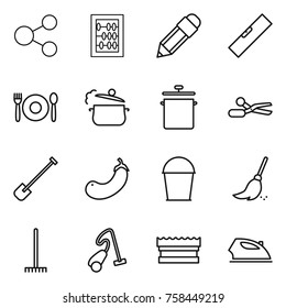 Thin line icon set : share, abacus, pencil, level, cafe, steam pan, scissors, shovel, eggplant, bucket, broom, rake, vacuum cleaner, sponge, iron