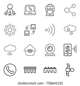 Thin line icon set : share, notebook, globe, molecule, round around, connect, wireless, cloude service, cloud, home, web cam, mobile pay, phone, bridge, satellite