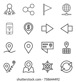 Thin line icon set : share, flag, globe connect, phone wireless, dollar pin, right arrow, left, geo, location details, map, route, handwheel, reload