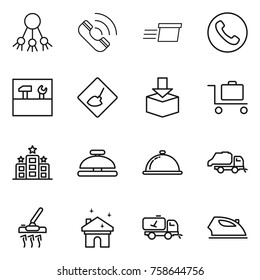 Thin line icon set : share, call, delivery, phone, tools, under construction, package, baggage trolley, hotel, service bell, meal cap, trash truck, vacuum cleaner, house cleaning, home, iron