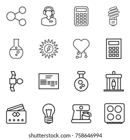 Thin line icon set : share, call center, calculator, bulb, round flask, sun power, cardio chip, satellite, invoice, chemical, detector, credit card, coffee maker, hob