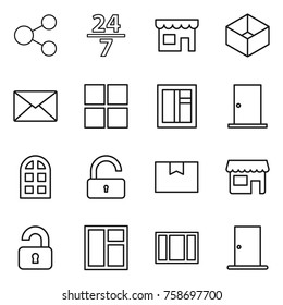 Thin line icon set : share, 24 7, shop, box, mail, window, door, arch, unlock, package, unlocked