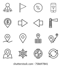 Thin line icon set : share, flag, percent, phone wireless, dollar pin, right arrow, left, lighthouse, geo, map, route, hand wheel, compass, reload