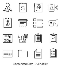 Thin line icon set : share, receipt, annual report, pass card, atm, list, slum, modular house, architector, clipboard, check, invoice, documents, document