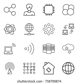 Thin line icon set : share, woman, chip, atom core, globe connect, round around, notebook, wireless, server, cloude service, antenna, smart house