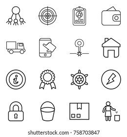 Thin line icon set : share, target, report, wallet, truck, touch, laser, home, info, medal, handwheel, electricity, locked, bucket, package, garbage bin