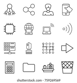 Thin line icon set : share, woman, touch, chip, notebook globe, wireless, server, crystall memory, right arrow, calculator, documents, baggage checking, trash bin