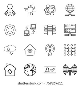Thin line icon set : share, chip, atom, globe connect, round around, notebook, server, cloude service, wireless home, antenna, smart house, check in