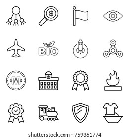 Thin line icon set : share, dollar magnifier, flag, eye, plane, bio, rocket, spinner, crypto currency, university, medal, flammable, train, shield, handle washing