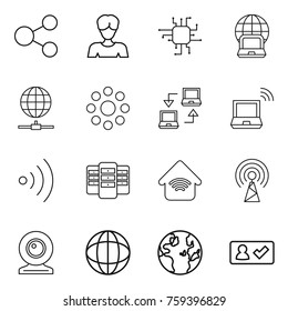 Thin line icon set : share, woman, chip, notebook globe, connect, round around, wireless, server, home, antenna, web cam, check in