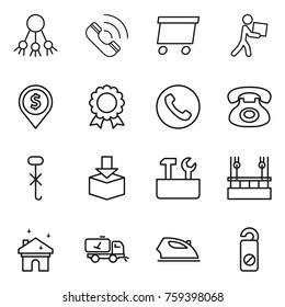 Thin line icon set : share, call, delivery, courier, dollar pin, medal, phone, do not hook sign, package, repair tools, skysrcapers cleaning, house, home, iron, distrub Thin line icon set : share, call, delivery, courier, dollar pin, medal, phone, do not hook sign, package, repair tools, skysrcapers cleaning, house, home, iron, distrub