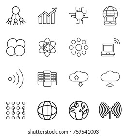 Thin line icon set : share, diagram, chip, notebook globe, atom core, round around, wireless, server, cloude service, cloud