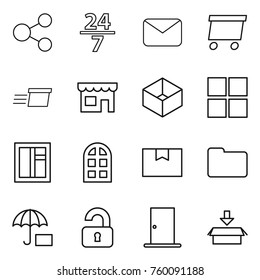 Thin line icon set : share, 24 7, mail, delivery, shop, box, window, arch, package, documents, insurance, unlocked, door