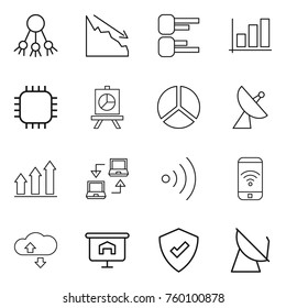 Thin line icon set : share, crisis, diagram, graph, chip, presentation, satellite antenna, up, notebook connect, wireless, phone, cloude service, protected