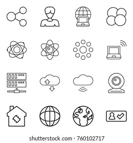 Thin line icon set : share, woman, notebook globe, atom core, round around, wireless, server, cloude service, cloud, web cam, smart house, check in