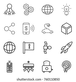 Thin line icon set : share, gear, globe, bulb, molecule, phone pay, electric car, 3d, important flag, satellite, rocket, remote control, air conditioning, toaster, elecric oven