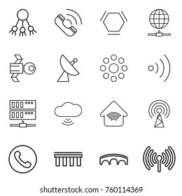 Thin line icon set : share, call, hex molecule, globe connect, satellite, antenna, round around, wireless, server, cloud, home, phone, bridge