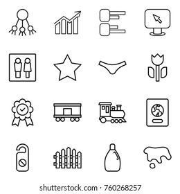 Thin line icon set : share, diagram, monitor arrow, wc, star, underpants, perishable, medal, railroad shipping, train, passport, do not distrub, fence, cleanser, spot
