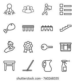 Thin line icon set : share, group, courier, list, chicken leg, bridge, stairs, real estate, medal, key, wardrobe, stool, rake, jug, sprayer