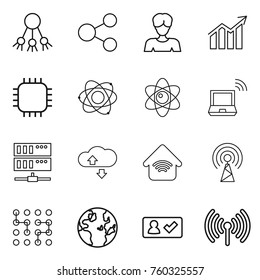 Thin line icon set : share, woman, diagram, chip, atom, notebook wireless, server, cloude service, home, antenna, globe, check in