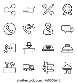 Thin line icon set : share, delivery, pencil wrench, medal, phone, 24, support manager, shipping, courier, package, taxi, service bell, repair tools, sweeper, skyscrapers cleaning, house