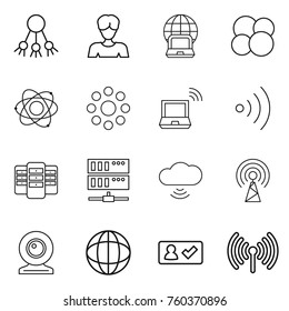 Thin line icon set : share, woman, notebook globe, atom core, round around, wireless, server, cloud, antenna, web cam, check in