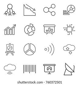 Thin line icon set : share, crisis, diagram, circle, presentation, chip, wireless, cloude service, cloud, bar code, satellite antenna
