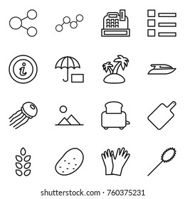 Thin line icon set : share, graph, cashbox, list, info, insurance, island, yacht, jellyfish, landscape, toaster, cutting board, spikelets, potato, gloves, duster