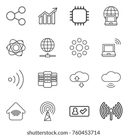 Thin line icon set : share, diagram, chip, notebook globe, atom, connect, round around, wireless, server, cloude service, cloud, home, antenna, check in