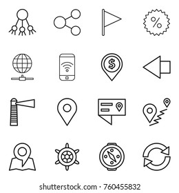 Thin line icon set : share, flag, percent, globe connect, phone wireless, dollar pin, left arrow, lighthouse, geo, location details, route, map, handwheel, compass, reload