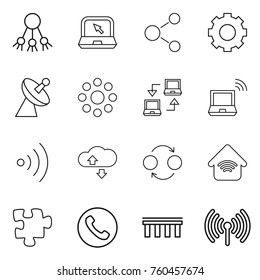 Thin line icon set : share, notebook, molecule, gear, satellite antenna, round around, connect, wireless, cloude service, quantum bond, home, puzzle, phone, bridge