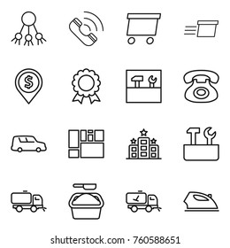Thin line icon set : share, call, delivery, dollar pin, medal, tools, phone, car shipping, consolidated cargo, hotel, repair, sweeper, washing powder, home cleaning, iron