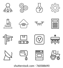Thin line icon set : share, gear, round flask, around, microscope, wireless home, drone, calculator, tower crane, transporter tape, power socket, air conditioning, satellite antenna, mixer, oven