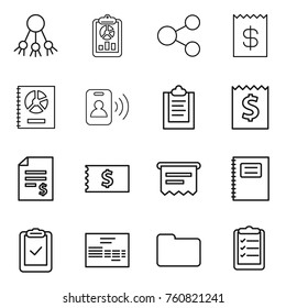 Thin line icon set : share, report, receipt, annual, pass card, clipboard, account balance, atm, copybook, check, invoice, documents, list