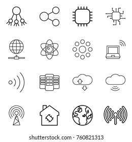 Thin line icon set : share, chip, globe connect, atom, round around, notebook wireless, server, cloude service, cloud, antenna, smart house