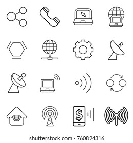 Thin line icon set : share, phone, notebook, globe, hex molecule, connect, gear, satellite antenna, wireless, quantum bond, home, mobile pay