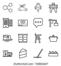 Thin line icon set : share, eco car, jet robot, arch, houses, credit card, sms, loading, trailer, chest of drawers, Chair for babies, pan, food processor, cake, rake, seedling