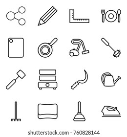 Thin line icon set : share, pencil, ruler, cafe, cutting board, pan, vacuum cleaner, whisk, meat hammer, double boiler, sickle, watering can, rake, sponge, plunger, iron