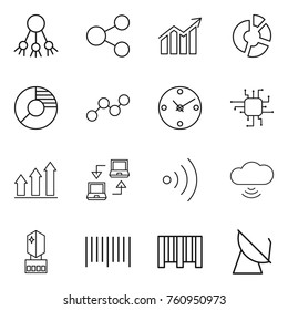 Thin line icon set : share, diagram, circle, graph, clock, chip, up, notebook connect, wireless, cloud, crystall memory, bar code, satellite antenna