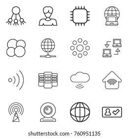 Thin line icon set : share, woman, chip, notebook globe, atom core, connect, round around, wireless, server, cloud, home, antenna, web cam, check in