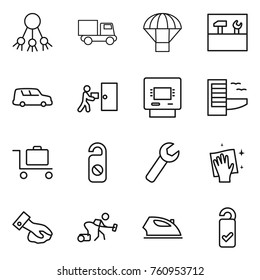 Thin line icon set : share, truck, parachute, tools, car shipping, courier delivery, atm, hotel, baggage trolley, do not distrub, wrench, wiping, vacuum cleaner, iron, please clean