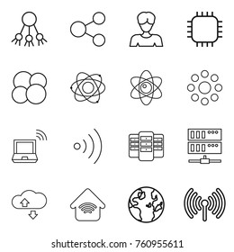 Thin line icon set : share, woman, chip, atom core, round around, notebook wireless, server, cloude service, home, globe