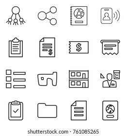 Thin line icon set : share, annual report, pass card, clipboard, account balance, receipt, atm, list, slum, modular house, architector, check, documents, document, passport